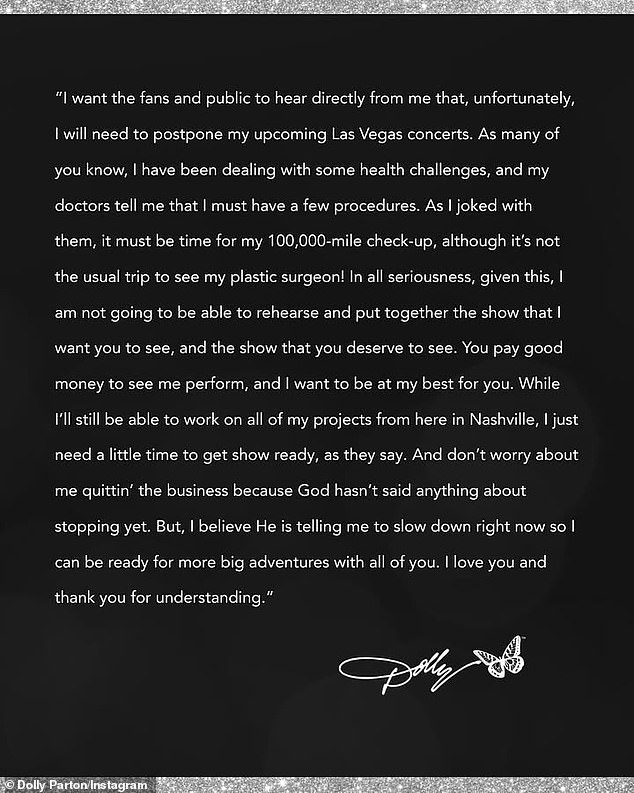 Parton had initially been set to kick off her Las Vegas residency in December 2025, but previously announced that she had to 'postpone' the residency to September 2026 due to 'some health challenges'