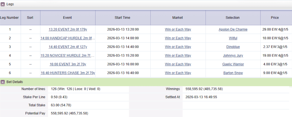 A bet slip displaying six races with selections, prices, and event details, along with the total stake, winnings, and potential payout.