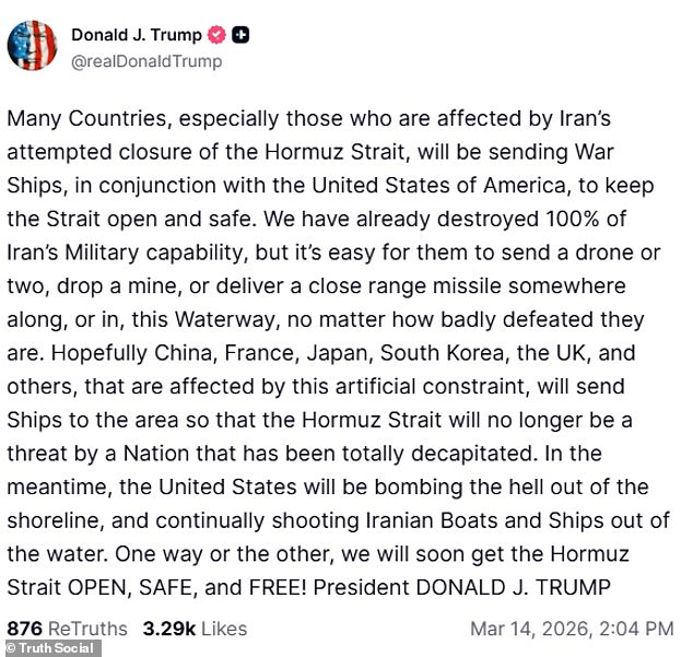 The US President's new post asking other nations for help in opening the Strait of Hormuz suggests Iran has been successful in closing the passage