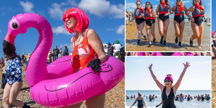 Thousands of women brave freezing water for annual sea swim to celebrate International Women’s Day