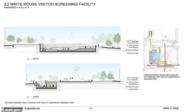 Visitors will begin to enter the facility via an exterior ramp leading to a sunken plaza, where tickets and identification will be verified