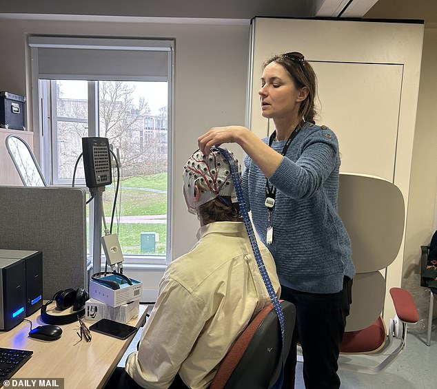 In order to see what effect the chair really has, Dr Helge Gillmeister fitted me with an electroencephalogram (EEG) cap, designed to measure the activity in the outer layers of my brain