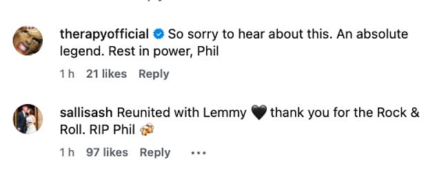 Devastated fans were quick to share their condolences, writing: 'Gutted. He was the first guitarist I ever saw live, and the most times too'