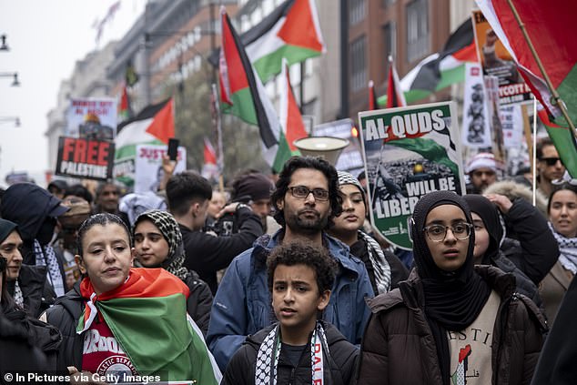 Police will arrest anyone chanting intifada slogans or showing support for Palestine Action. Pictured: An Al-Quds Day march on Oxford Street on March 23, 2025