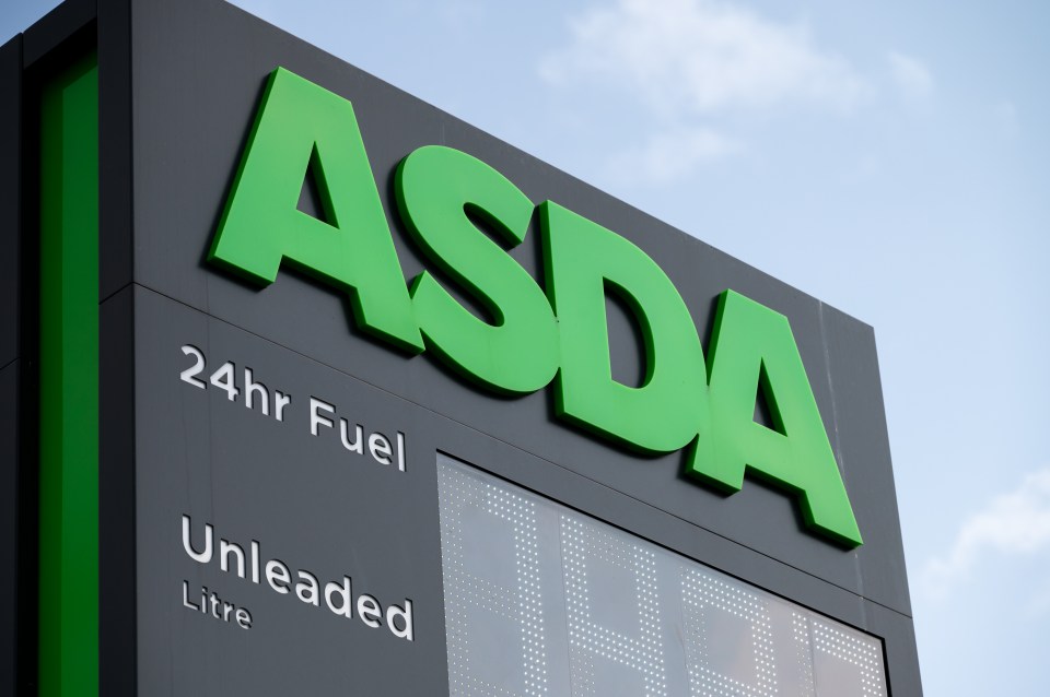 ASDA petrol station sign with "24hr Fuel" and "Unleaded Litre" visible.