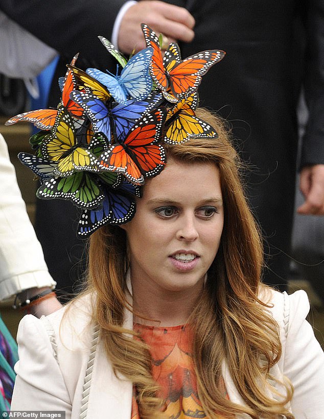 Beatrice arrived festooned with colourful butterflies at the wedding of Peter Phillips to Autumn Kelly in 2008