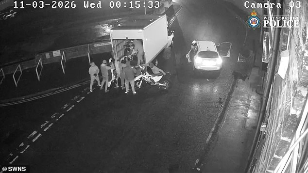 The thugs, who were wearing balaclavas and gloves, quickly lift and load the bikes into the back of a white Luton Van before driving away