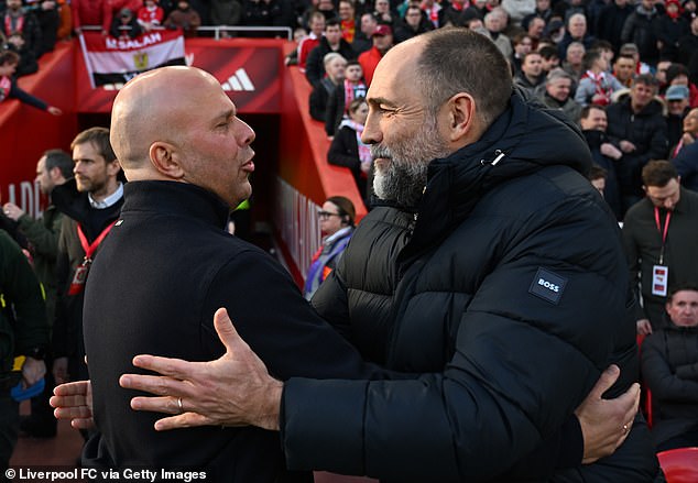 Tudor eventually did embrace with Liverpool boss Slot before the sides kicked off on Sunday