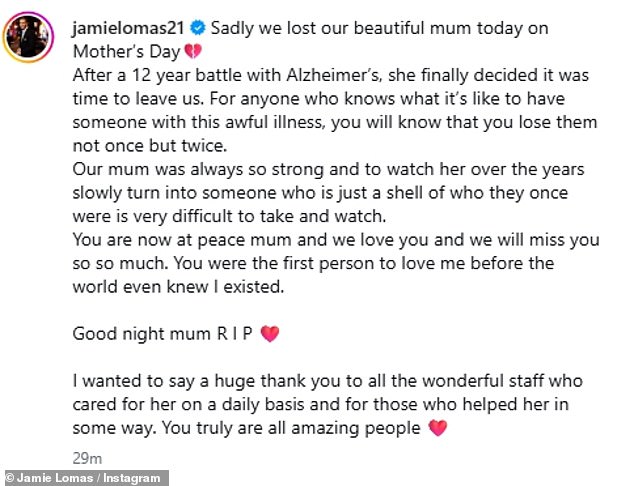 The heartbroken actor, 50, took to Instagram on Sunday to pay tribute to his 'beautiful' mum Helen Webb