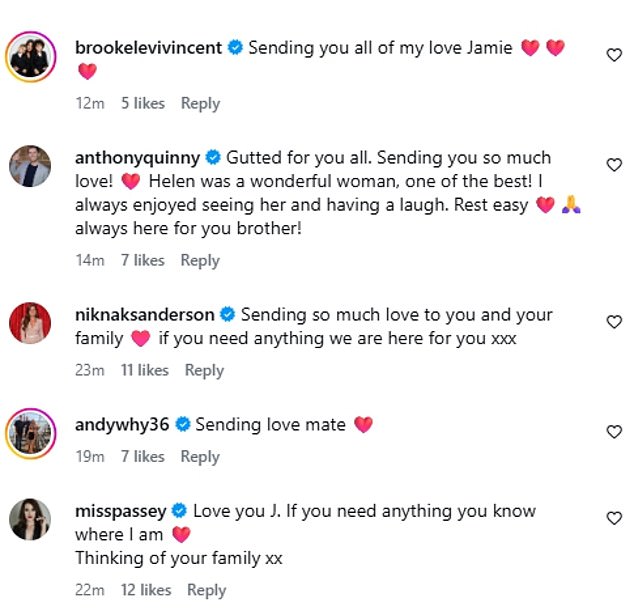 A whole host of Jamie and Charley's soap star pals took to the comment section to share their condolences