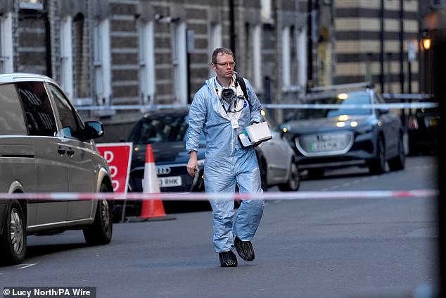 This forensic officer was pictured at the scene near the junction of Great Peter Street and Horseferry Road in Westminster
