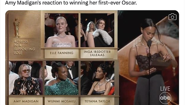 Cameras didn’t miss a moment, with a split-screen catching Taylor's antics alongside fellow nominees Wunmi Mosaku (Sinners), Inga Ibsdotter Lilleaas (Sentimental Value), and Elle Fanning (Sentimental Value)