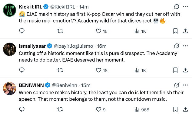 Social media erupted with outrage, as one viewer fumed: Alright f*** the Oscars for cutting off Best Original Song for Golden KPop Demon Hunters'