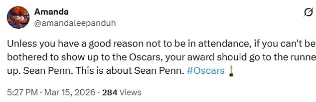 Offended X users suggested offering the award to another nominee who did attend the show