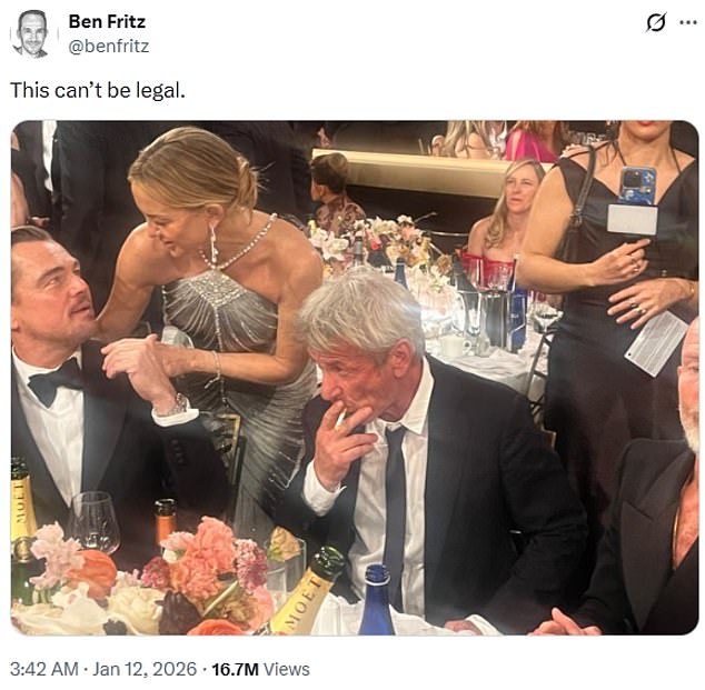 Penn defied social etiquette and lit up a cigarette inside the 2026 Golden Globes