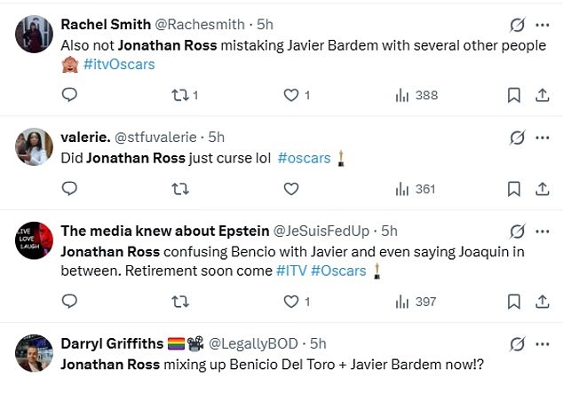 Another blunder pointed out by viewers was when Jonathan muttered 'f**k' when he thought the broadcast had cut back to LA just after he mixed up Javier Bardem and Benicio del Toro