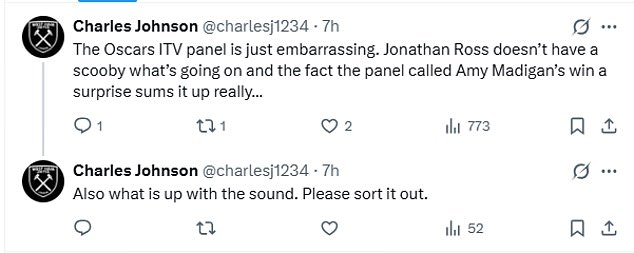 Taking to X as the coverage aired, fans of the awards show penned: 'if Jonathan Ross could learn how to pronounce everyone's names that would be wonderful'