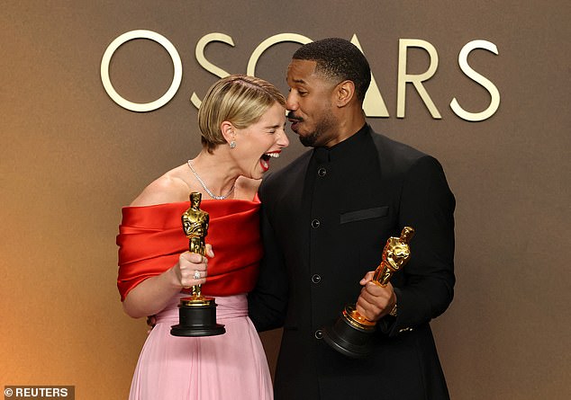Michael, 39, shocked the world at the 98th Academy Awards as he upset Timothee Chalamet to win Best Actor for Sinners (Jessie pictured with Best Actor winner Michael B Jordan)