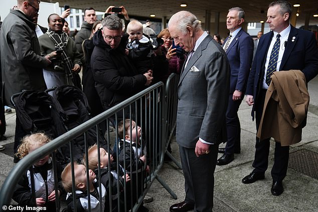 The King undertook a short walkabout before he left, meeting members of the public, including a group of toddlers who were there with their childminders, Jodie Pownell and Nick Standing