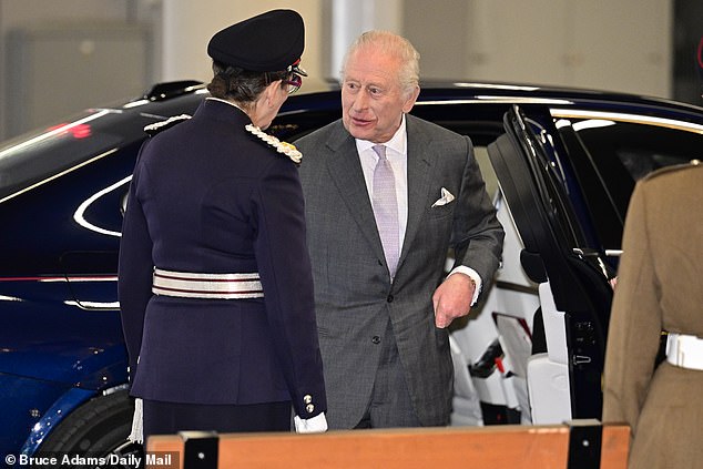 The monarch received a warm welcome in Manchester today as photos showed him meeting fans outside Aviva Studios before heading in for his musical lesson