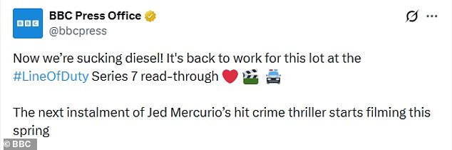 The BBC teased a behind-the-scenes snap of the four posing for a photo together and wrote: 'Now we¿re sucking diesel! It¿s back to work for this lot'