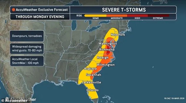 More than 35 million people from the Florida Panhandle through Georgia, the Carolinas, Virginia, Maryland, Washington DC, Delaware, eastern Pennsylvania, New Jersey and parts of New York are under tornado watches.