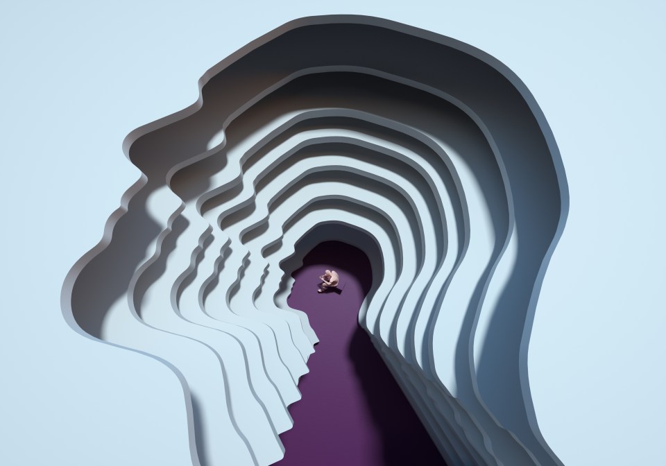 Illustration of a person sitting inside a layered head silhouette.