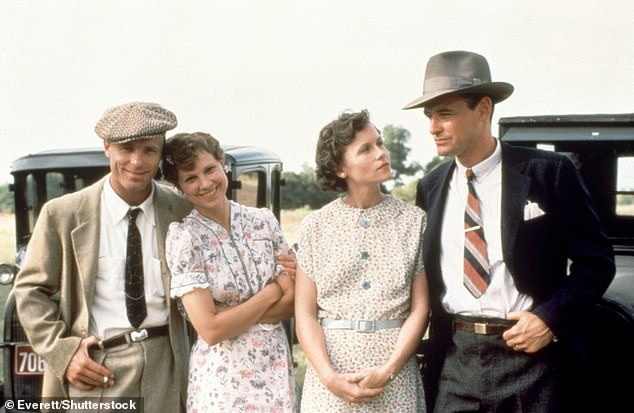 The couple exchanged vows in 1983 while working together on the Robert Benton directed drama, Places in the Heart (pictured L-R: co-stars Ed Harris, Lindsay Crouse, Amy Madigan, Terry O'Quinn)