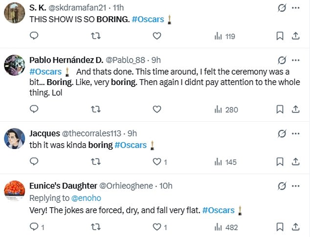 The Academy will need a change in tactics if they want viewers to tune into the livestream, with comments shared this year reading: 'Just cancel the Oscars at this point. Who cares';