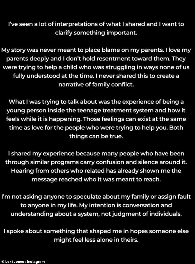 In a statement she insisted there was no resentment towards her family, who were trying their best to help her through something that 'none of them fully understood'