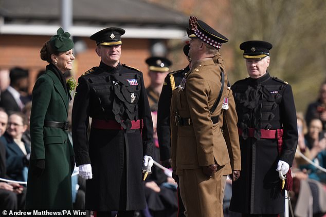 The Princess of Wales, in her role as Colonel of the Regiment, during a visit to the 1st Battalion Irish Guards