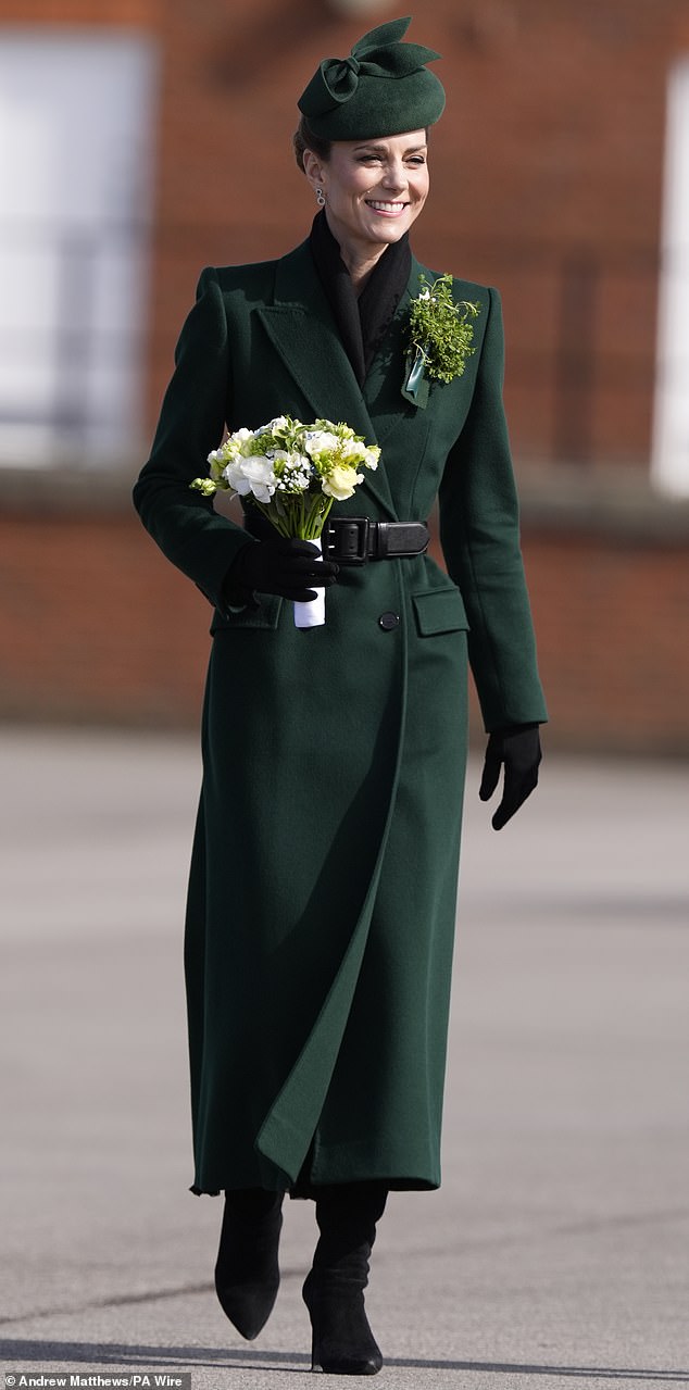 Adding a sweet touch, Kate also wore a delicate gold shamrock brooch by Cartier, loaned by the Irish Guards