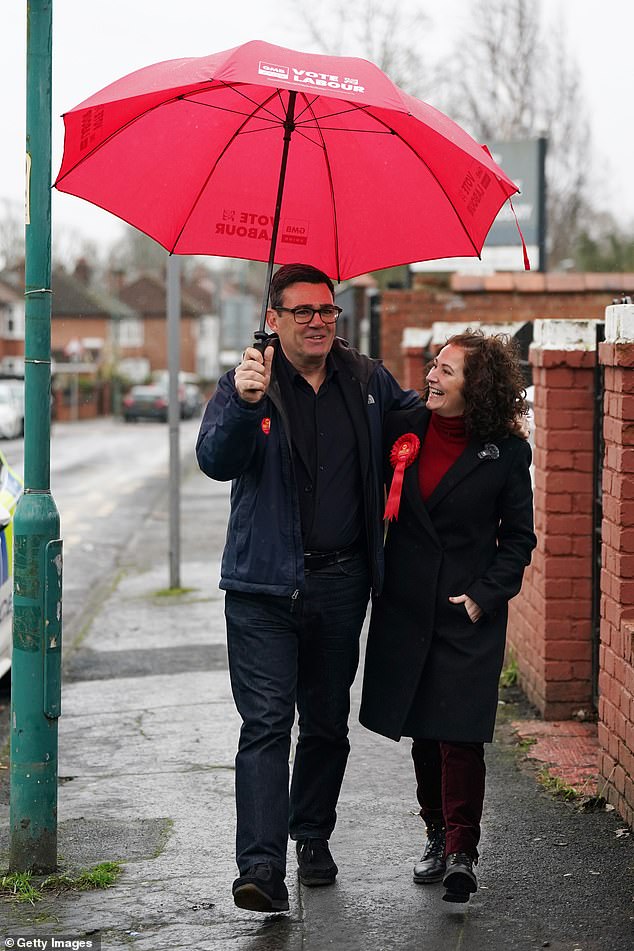 Sir Keir and his allies argued that the party would risk losing the mayoralty if Mr Burnham vacated his current job (pictured with Angeliki Stogia, who stood as the by-election candidate)