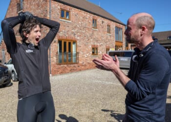 Moment Prince William joins Greg James on tandem bike ride for BBC Radio One DJ's mammoth 1000km charity cycle