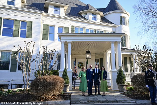 JD Vance and Second Lady Usha Vance greet the Taoiseach of Ireland Micheal Martin and his wife Mary O'Shea for a St Patrick's Day breakfast at the Vice President's residence