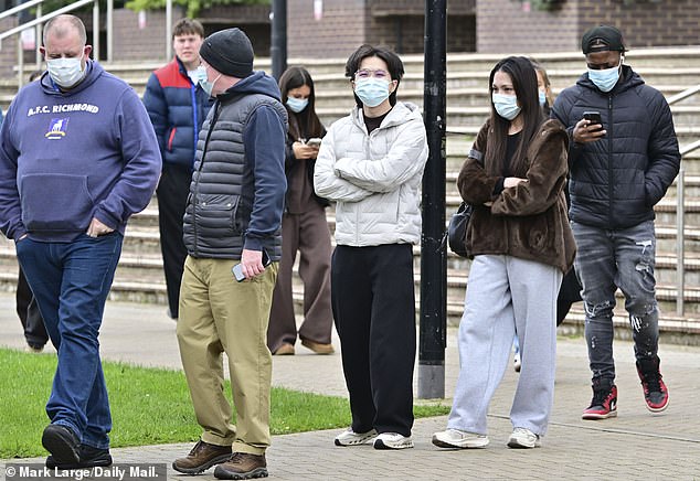 Queues outside the University of Kent in Canterbury today amid the meningitis outbreak