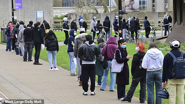 Queues outside the University of Kent in Canterbury today amid the meningitis outbreak