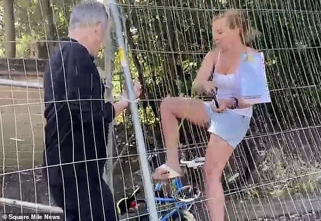 Business consultant Robin Christie, 65, grabbed onto metal railings - in a bid to stop Julia Stafford's illegal construction work. The scuffling pair are pictured here