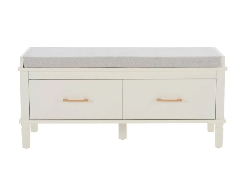 White storage bench with two drawers and a light gray cushion.