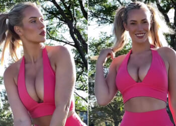 Paige Spiranac branded 'perfection' as she shows off slow-mo swing in very daring hot pink dress