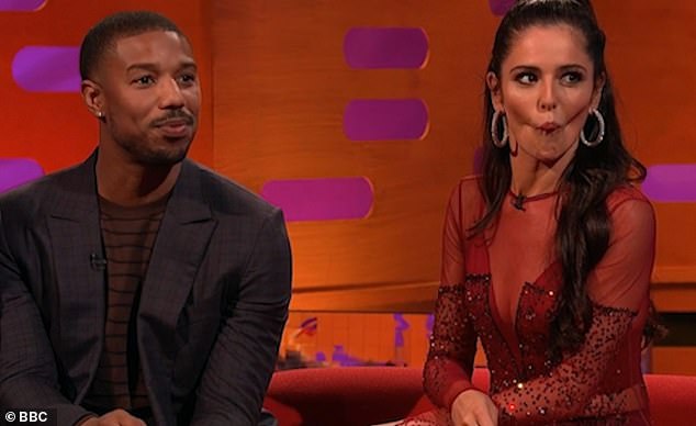 The former Girls Aloud star was spotted making wide-eyed faces at the studio audience as they sat side-by-side on the sofa