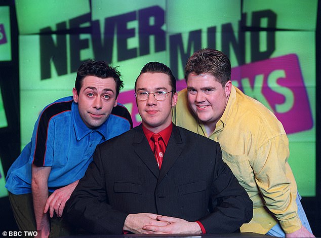 Mr Hughes (left, with presenter Mark Lamarr, centre) was well known as a long-standing team captain on BBC music quiz Never Minds the Buzzcocks in 1996, serving opposite Phill Jupitus (right) until 2002
