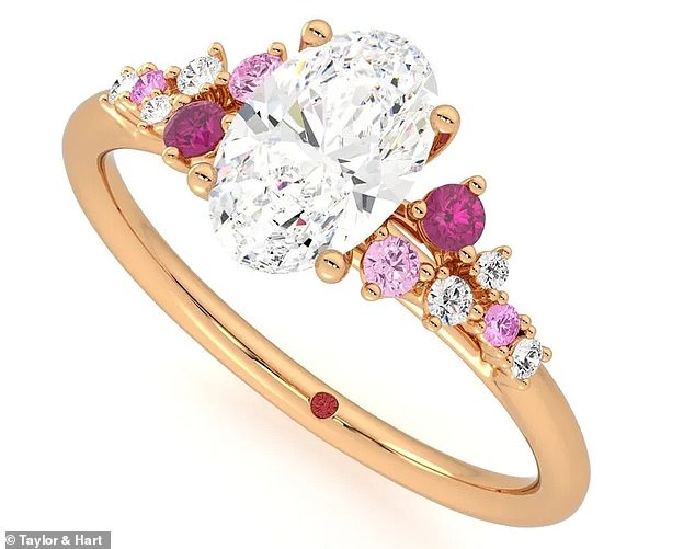This ring features pink gems as well as a glitzy oval diamond in the centre of the gold band