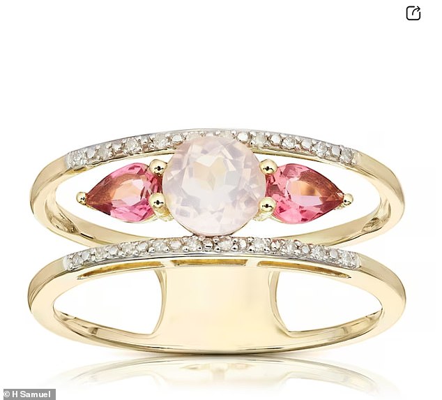 This unique design features two bands stuck together at the back, as well as a vibrant array of gems