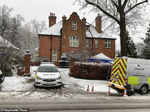 Brooks, of Southwell, Nottinghamshire, was filmed leaving his home in the middle of the night on his bicycle before he travelled a mile to his 'hated' colleague's home (pictured, attended by police after the attack)