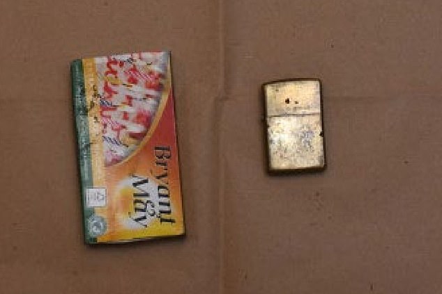 But he was soon confronted by a naked Mr Perks, who had been woken by the sound of smashing glass. Pictured: Matches and a lighter later found in Brooks' bike pannier