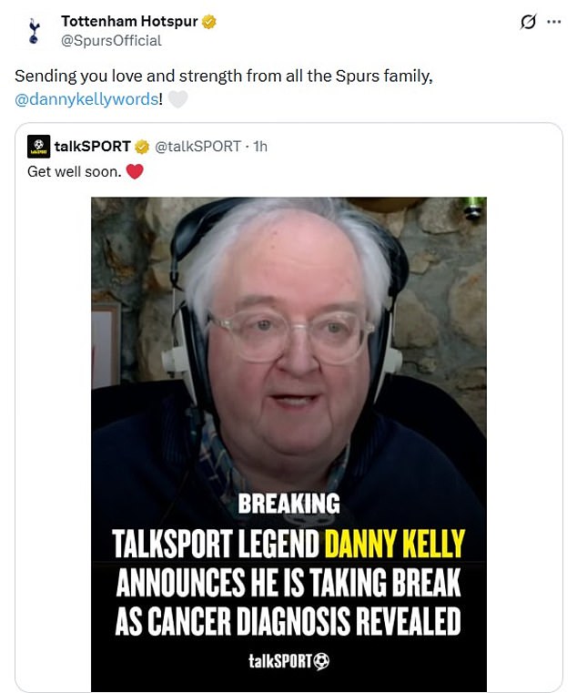 Tottenham shared a message of support to Kelly, an avid fan, after he revealed his diagnosis