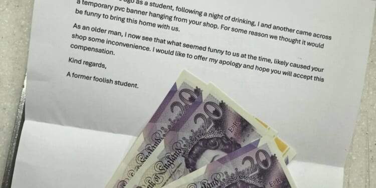 Thief returns sign 15 years after nicking it as a boozed student with guilt-ridden swindler paying £100 cash apology