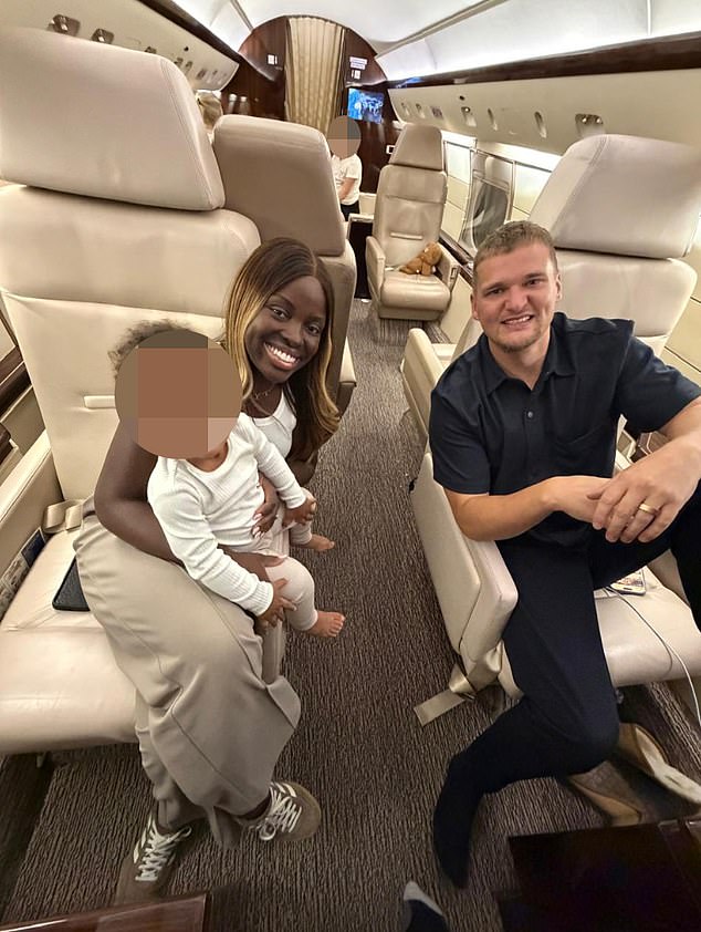 Father-of-four Samuel Leeds, from Beaconsfield in Buckinghamshire, prompted an online backlash when telling of his £150,000 private flight out. He is pictured with his wife Amanda and their children on a private jet