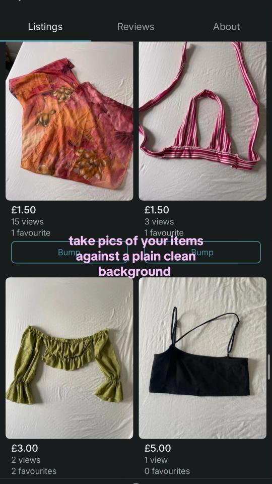 A Vinted page showing four clothing items for sale, with text overlaid: "take pics of your items against a plain clean background."